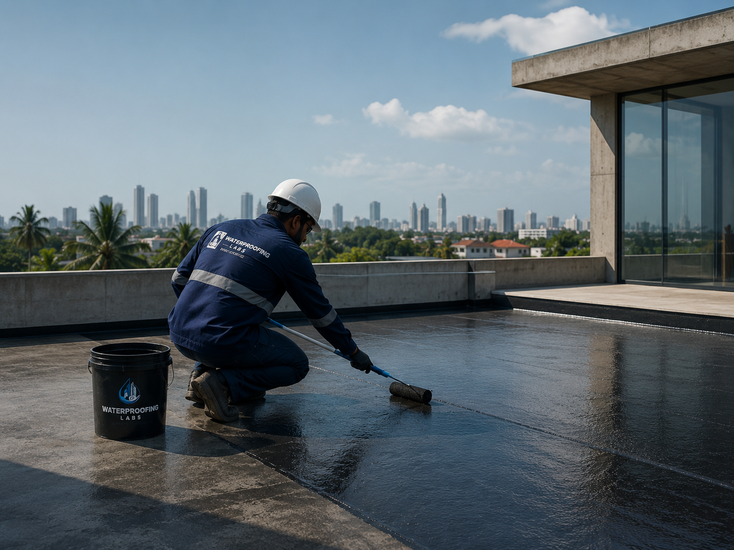 A Waterproofing Labs technician applying membrane to a rooftop