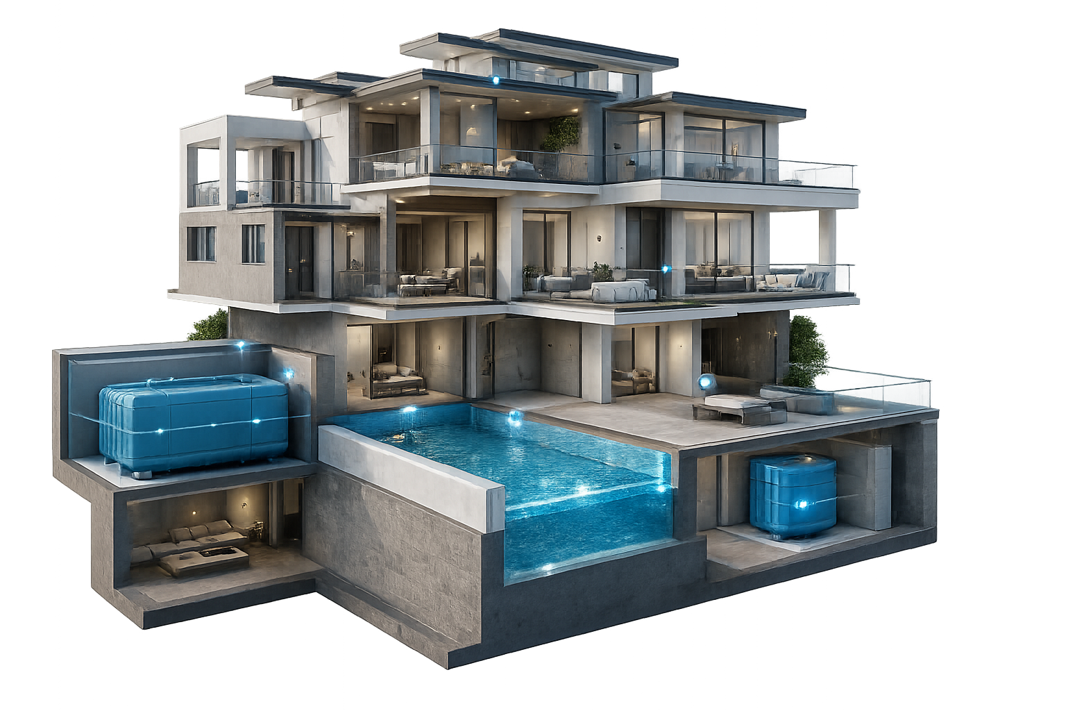 Cutaway view of a building showing waterproofing areas